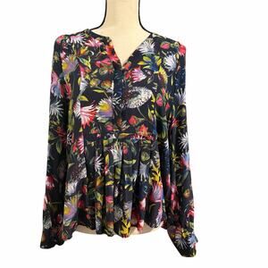 J. Crew Womens Navy Floral 100% Silk Peplum Blouse Top Sz L Slight Sheer Classic
